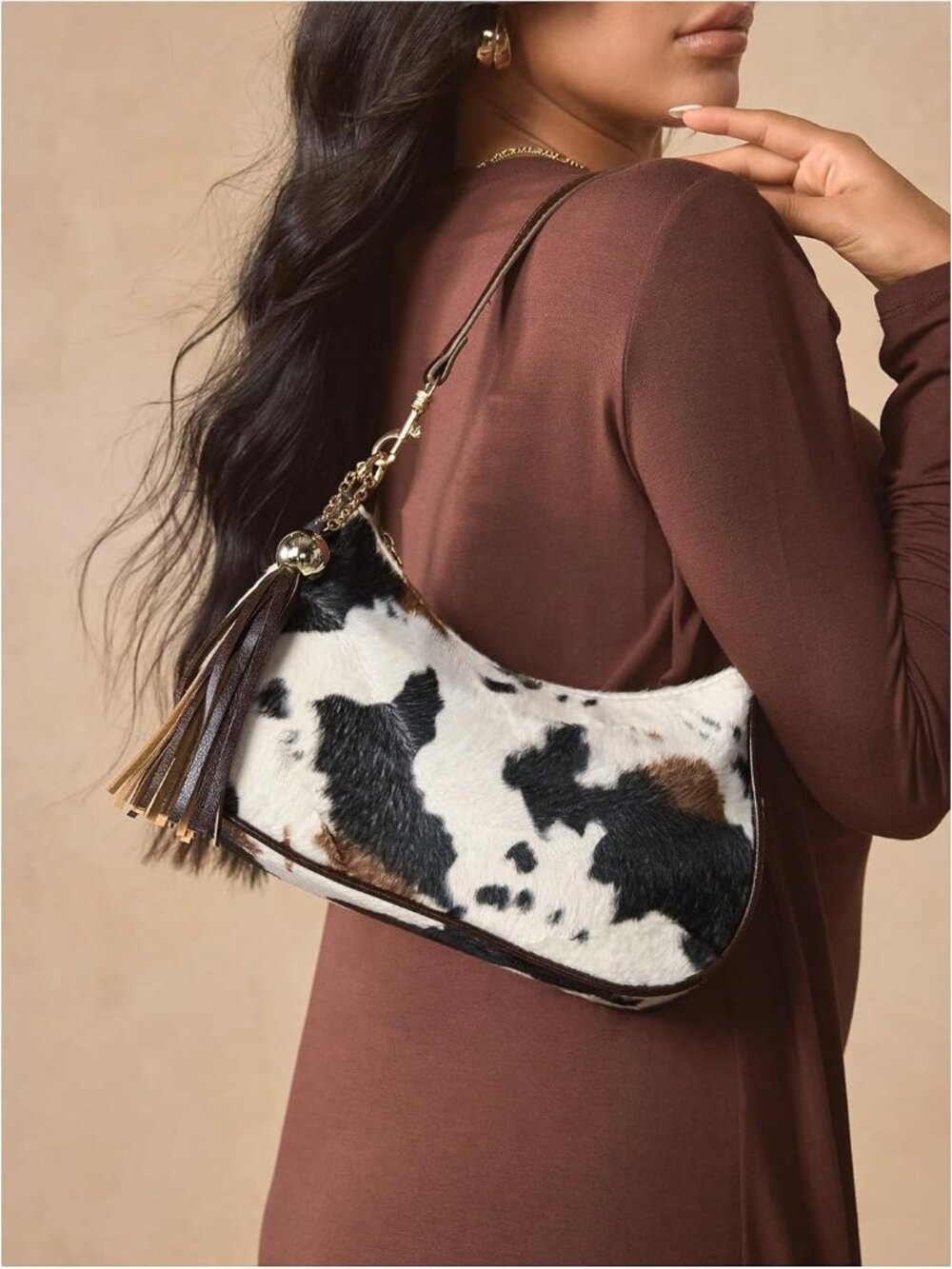 Women's Faux Fur Cow Print Shoulder Bag Retro Y2k Vintage Handbags - Picture 2 of 6